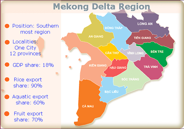 The map of Mekong Delta River Vietnam