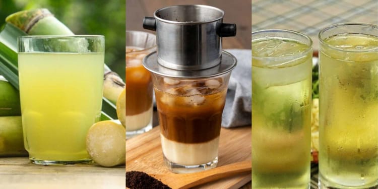 Sugarcane juice, iced coffee with condensed milk, and iced tea, from left to right.