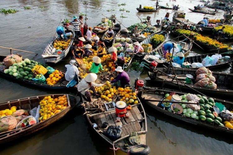 Bustling trading activity at Cai Be floating market. 