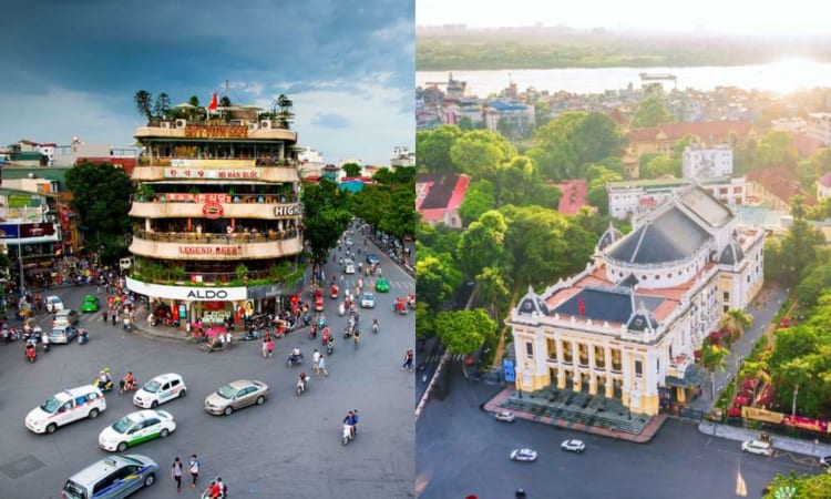 The corner of Hanoi Old Quarter (on the left side) and the French Quarter Hanoi (on the right side)