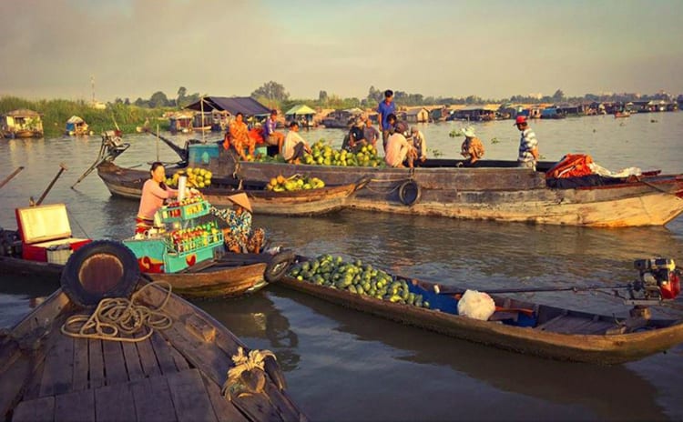 The authentic trading scene at Long Xuyen Floating Market. 