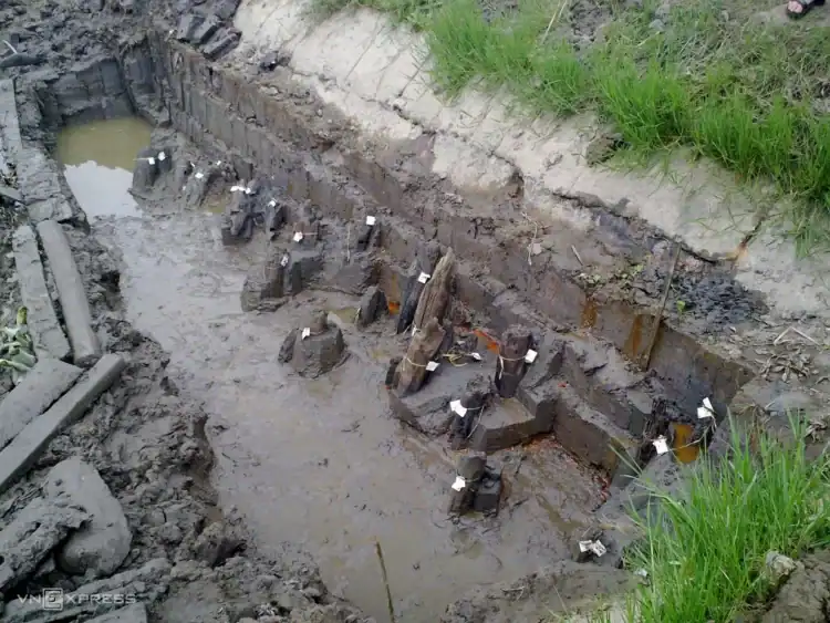 Concrete foundation and construction site for a new building in rural Vietnam.