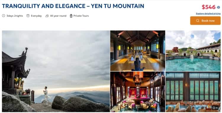 Serene Yen Tu Mountain meditation retreat, luxurious spa, historic architecture, relaxing pool, traditional wooden interior, tranquil nature escape, Vietnam tours.